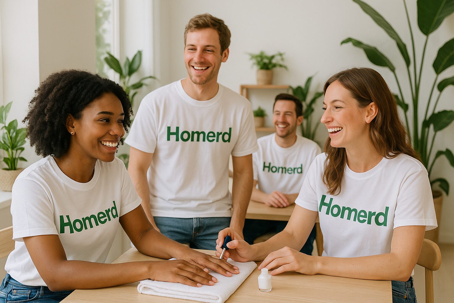 Una imagen vibrante y acogedora muestra a un grupo de personas en un entorno luminoso y moderno, con paredes blancas y plantas verdes. Todos llevan camisetas blancas con la palabra 'Homerd' en verde centrada. Algunos están disfrutando de una sesión de manicura mientras otros conversan alegremente, creando un ambiente relajado y amigable.