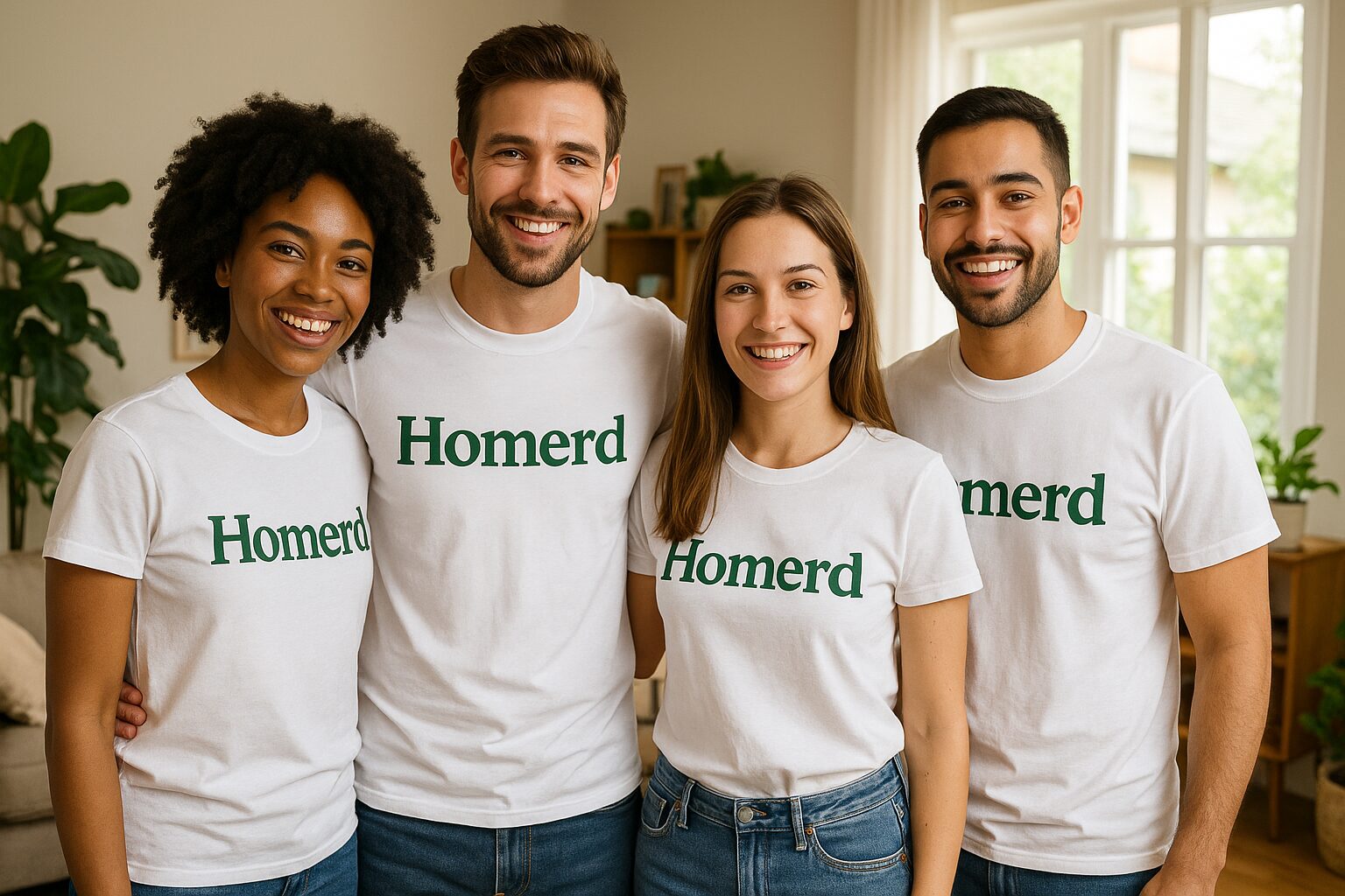 Una imagen vibrante de un grupo de personas sonrientes en una habitación luminosa, vistiendo camisetas blancas con la palabra 'Homerd' centrada en verde. El fondo muestra un hogar ordenado y acogedor con plantas verdes, muebles modernos y luz natural que entra por las ventanas.