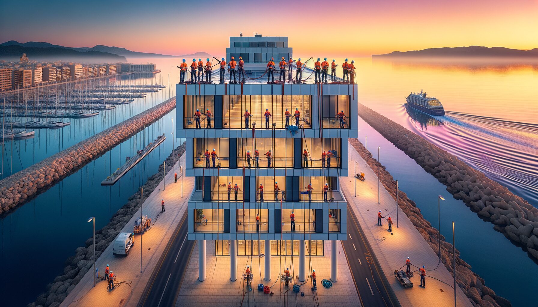 Una fotografía panorámica del puerto de Palma de Mallorca al amanecer, mostrando un equipo profesional realizando limpieza especializada en las fachadas de un edificio moderno con vistas al mar Mediterráneo.