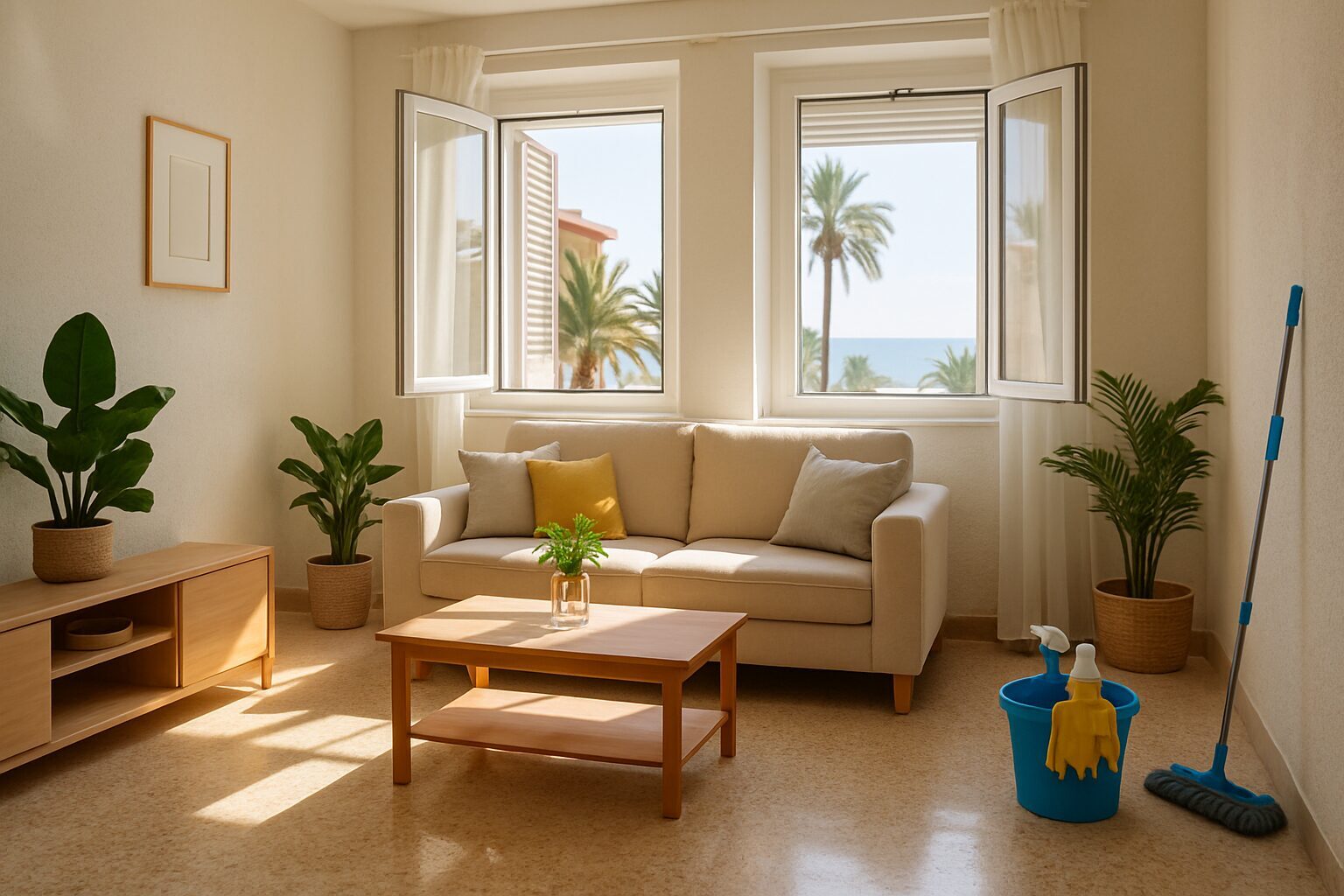 Una escena luminosa y acogedora de un hogar en Torremolinos después de una limpieza profunda. Las ventanas están abiertas dejando entrar la brisa marina, mientras que los rayos del sol iluminan las superficies relucientes. El salón está ordenado, con plantas frescas en las esquinas y cojines perfectamente colocados sobre un sofá limpio. Se pueden ver herramientas de limpieza organizadas en un rincón, listas para su uso.