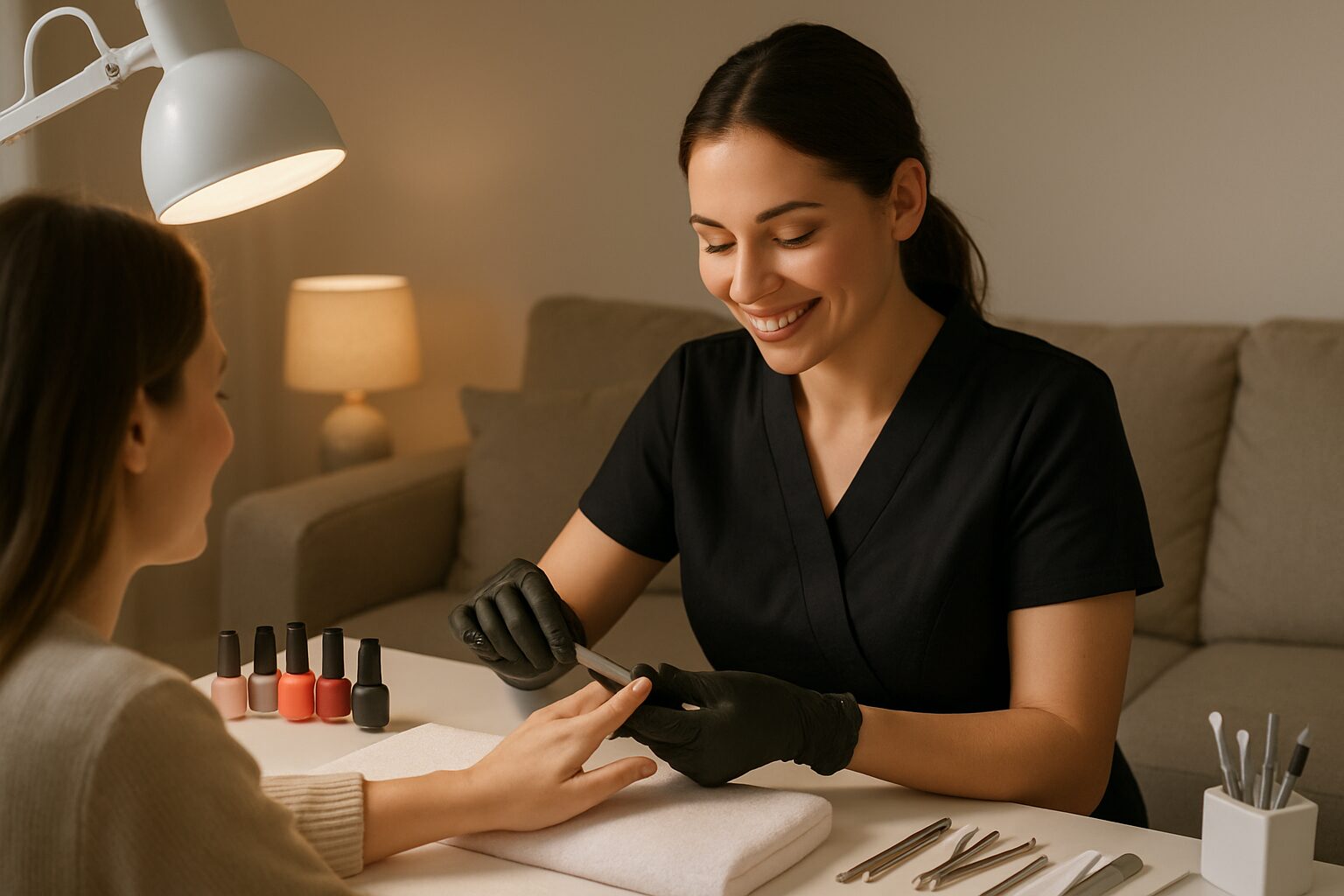 Una profesional de manicura sonriente, vestida con un uniforme elegante, está trabajando en las uñas de una clienta sentada cómodamente en su sala. La mesa está decorada con esmaltes coloridos y herramientas bien organizadas, mientras que una luz suave ilumina la escena, creando un ambiente relajante y acogedor.