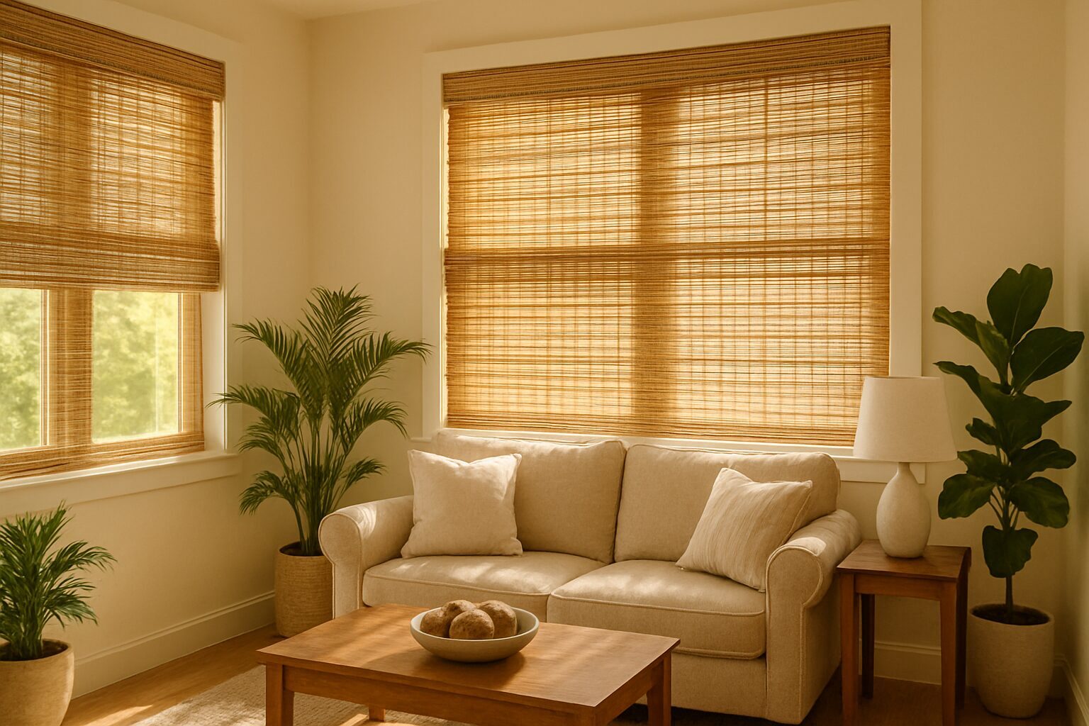 Una imagen luminosa y acogedora de una habitación con ventanas cubiertas con elegantes persianas palma, donde la luz del sol se filtra suavemente a través de las lamas, creando un ambiente cálido y natural. Las paredes son de un tono claro, complementadas con plantas decorativas que añaden un toque fresco al espacio.