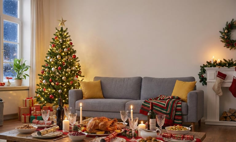salón decorado con adornos navideños 